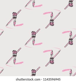 Seamless pattern with lipstick and lips pencil. Vector fashion illustrations with watercolor style paint splashes. Stylish graphic on white background. Design for logo, t shirt and uniform.