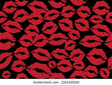 Patrón sin brillo de las marcas de lápiz labial de los besos sobre un fondo negro, vector plano