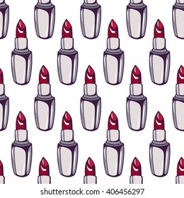Seamless pattern with lipstick on a white background.