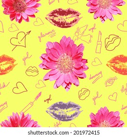 Seamless pattern with lipstick prints flowers and scribbles