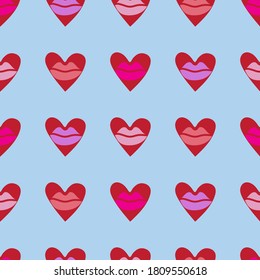 Patrón sin brillo con huellas de lápiz labial y corazones. Antecedentes del día de San Valentín. EPS vectorial 10
