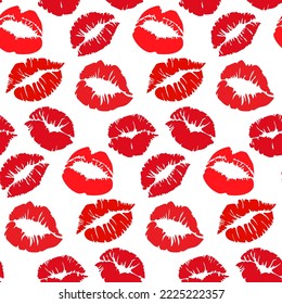 Seamless pattern with lipstick prints on a white background in red shades. Red lips as a background for gift wrapping. Suitable for printing on paper and textiles. 