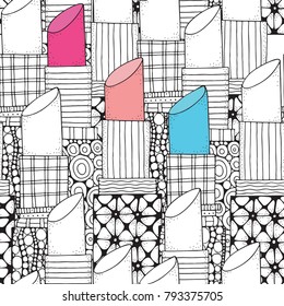 Seamless pattern with lipstick in zentangle style. Coloring book page for adult. Girl's accessyare.