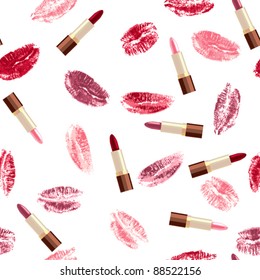 Seamless pattern  with lipsticks and lip  kisses