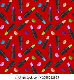 Seamless pattern with lipsticks and lip prints on red background.