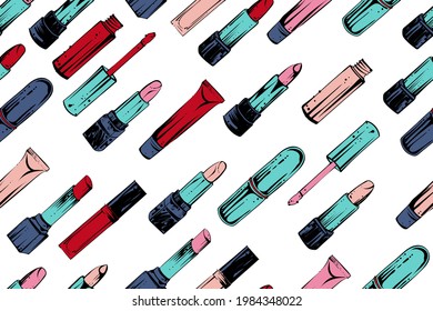 Seamless pattern of lipsticks and lipgloss, color vector