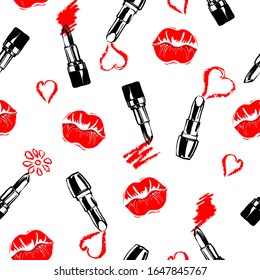 Seamless pattern with  lipsticks and red hearts, kisses.Sketch  style. Beauty and cosmetics background.   Vector