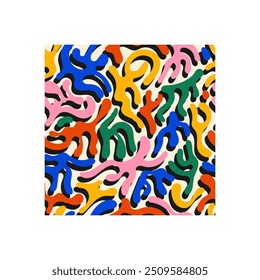 Seamless pattern with liquid abstract shapes in retro style. Bright wavy spots with shadows. Modern poster in y2k style. Colorful Children's Poster, Card, Wallpaper, Wrapper, Textile