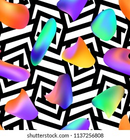 Seamless pattern with the liquid color vibrant shapes on geometric black and white striped background. Abstract contemporary vector backround with fluid shapes, multi-colored melting plastic, wax. 