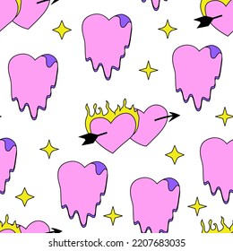 Seamless pattern with liquid and flaming hearts. Vector background in 90s, 00s, y2k style