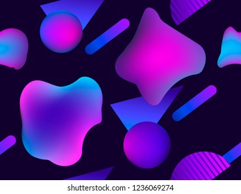 Seamless pattern with liquid shape and geometric objects in the style 1980s. Gradient texture. Violet color. Vector illustration
