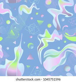Seamless pattern with liquid shapes and geometric elements. Abstract holographic background set. Cover template design. Vector illustration