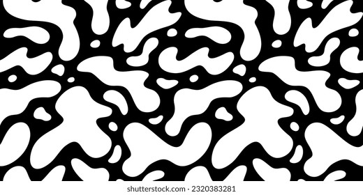 Seamless Pattern with Liquid White Shapes on Black Background. Abstract Monochrome Bg. Vector Texture with Blobs and Splashes