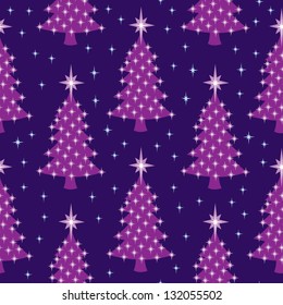 A seamless pattern of lit Christmas trees at night.
