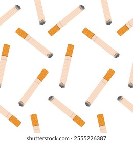 Seamless pattern with lit cigarettes on a white background. Vector illustration.