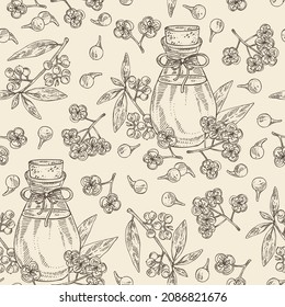 Seamless pattern with litsea cubeba: plant, flowers, litsea cubeba berries and bottle of litsea cubeba essential oil. Cosmetic, perfumery and medical plant. Vector hand drawn illustrati