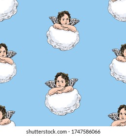 Seamless pattern of little angels on clouds in blue sky