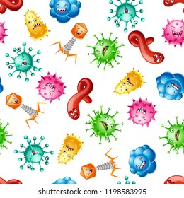 Seamless pattern with little angry viruses, microbes and monsters.