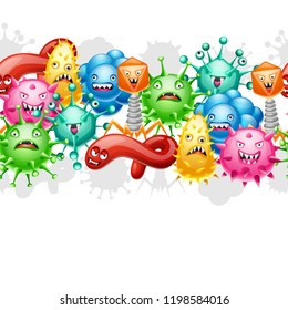 Seamless pattern with little angry viruses, microbes and monsters.