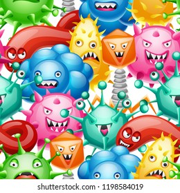 Seamless pattern with little angry viruses, microbes and monsters.