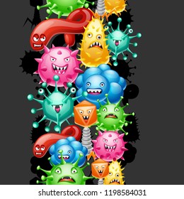 Seamless pattern with little angry viruses, microbes and monsters.