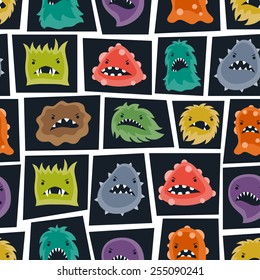 Seamless pattern with little angry viruses, microbes and monsters.