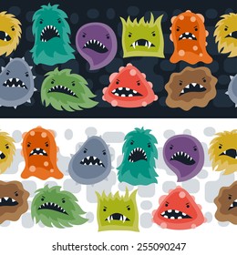 Seamless pattern with little angry viruses, microbes and monsters.