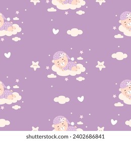 Seamless pattern with little animal sleeping bear on cloud on purple background. Vector illustration for design, wallpaper, packaging, textile. Kids collection