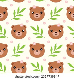 Seamless pattern with little baby bears. Character of baby animal face with pink flower on head. Vector illustration of bear cub. Print with animals and plants for kids.