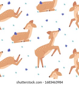 Seamless pattern of little baby deers playing with butterflies. Kids pattern of cute animals isolated on white background. Vector illustration in flat style.