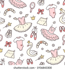 Seamless pattern for little ballerina with ballet accessories. Hand drawn tutu, pointes, ballet dress, swan, crown. Vector illustration in doodle style on white background