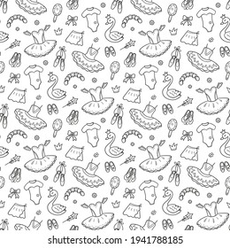 Seamless pattern for little ballerina with ballet accessories. Hand drawn tutu, pointes, ballet dress, swan, crown. Vector illustration in doodle style on white background