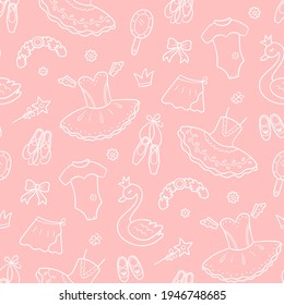 Seamless pattern for little ballerina with ballet accessories. Hand drawn tutu, pointes, ballet dress, swan, crown. Vector illustration in doodle style on white background