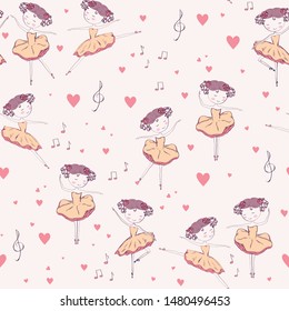 Seamless pattern with little  ballerina dancer.  Hand drawn design for Birthday and Baby Shower greeting cards, fabric, wrapping paper, invitation, stationery. Vector illustration.