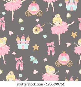 Seamless pattern with a Little Ballerina on a beautiful background.Vector illustration in a simple style.