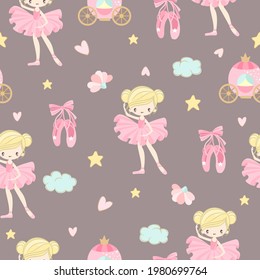 Seamless pattern with a Little Ballerina on a beautiful background.Vector illustration in a simple style.