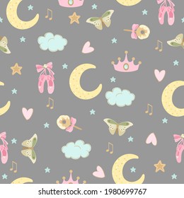 Seamless pattern with a Little Ballerina on a beautiful background.Vector illustration in a simple style.