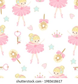 Seamless pattern with a Little Ballerina on a beautiful background.Vector illustration in a simple style.