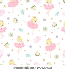 Seamless pattern with a Little Ballerina on a beautiful background.Vector illustration in a simple style.
