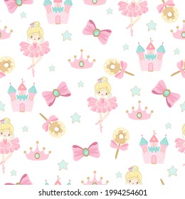 Seamless pattern with a Little Ballerina on a beautiful background.Vector illustration in a simple style.
