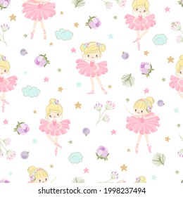 Seamless pattern with a Little Ballerina on a beautiful background.Vector illustration in a simple style.
