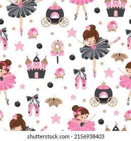 Seamless pattern with a Little Ballerina on a beautiful background.Vector illustration in a simple style.