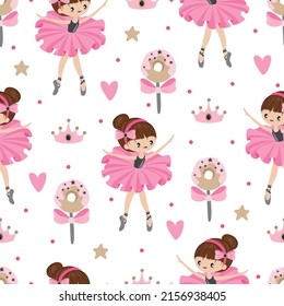 Seamless pattern with a Little Ballerina on a beautiful background.Vector illustration in a simple style.
