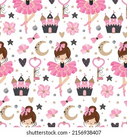 Seamless pattern with a Little Ballerina on a beautiful background.Vector illustration in a simple style.