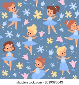 Seamless pattern little ballerinas. Young beautiful dancers in ballet tutus, girls in dresses and pointe shoes, flowers and plants. Decor textile, wrapping paper and wallpaper, vector print
