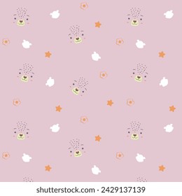 Patrón sin fisuras con pequeño emoji oso. 
Fondo rosa. 
Vector de árboles y flores. Ilustración vectorial en estilo de dibujos animados divertidos.