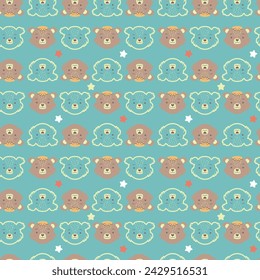 Seamless pattern with little bear on green background. Vector illustration in funny cartoon style. Perfect for baby prints, decor textiles, fabric print, cover design and wrapping paper design.