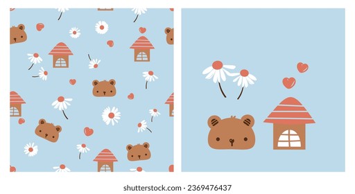 Seamless pattern with little bear, red heart, cute house and daisy flower on blue background vector illustration.