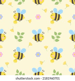 Seamless pattern of little bee on yellow background. Flying bees and flower. Cute cartoon character vector illustration.