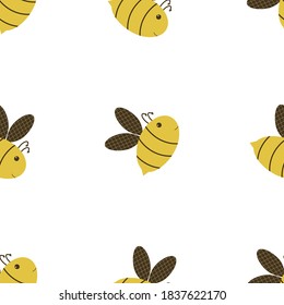 Patrón sin foco con pequeñas abejas sobre un fondo blanco. Para los tejidos, tejidos, ropa y decoración de las habitaciones de los niños pequeños. Doodles, abejas lindas, línea sin costuras, vector.